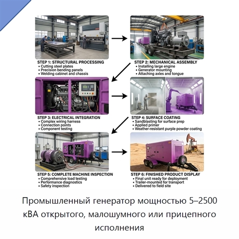 Промышленный генератор мощностью 5–2500 кВА открытого, малошумного или прицепного исполнения