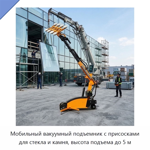 Мобильный вакуумный подъемник с присосками для стекла и камня, высота подъема до 5 м