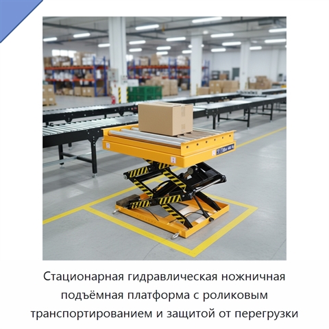 Стационарная гидравлическая ножничная подъёмная платформа с роликовым транспортированием и защитой от перегрузки