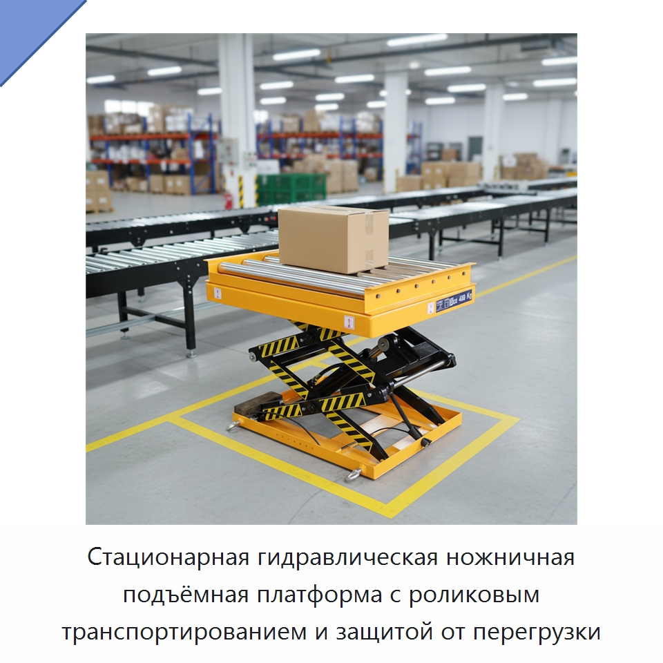 Стационарная гидравлическая ножничная подъёмная платформа с роликовым транспортированием и защитой от перегрузки — Подъемные столы