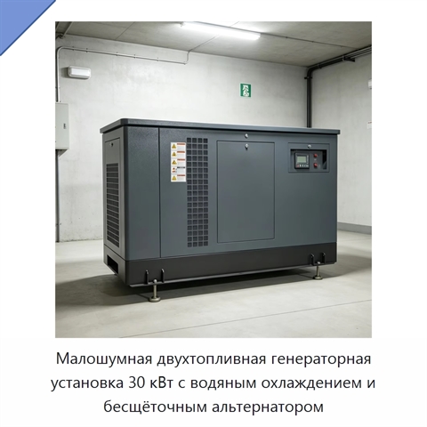 Малошумная двухтопливная генераторная установка 30 кВт с водяным охлаждением и бесщёточным альтернатором