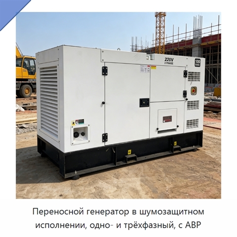 Переносной генератор в шумозащитном исполнении, одно- и трёхфазный, с АВР