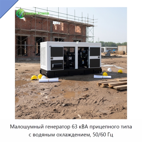 Малошумный генератор 63 кВА прицепного типа с водяным охлаждением, 50/60 Гц