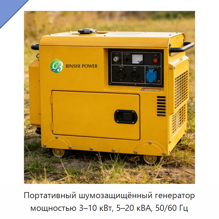 Портативный шумозащищённый генератор мощностью 3–10 кВт, 5–20 кВА, 50/60 Гц — Дизельные генераторы