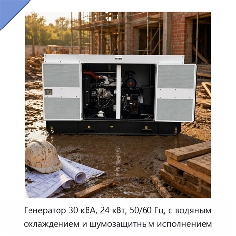 Генератор 30 кВА, 24 кВт, 50/60 Гц, с водяным охлаждением и шумозащитным исполнением