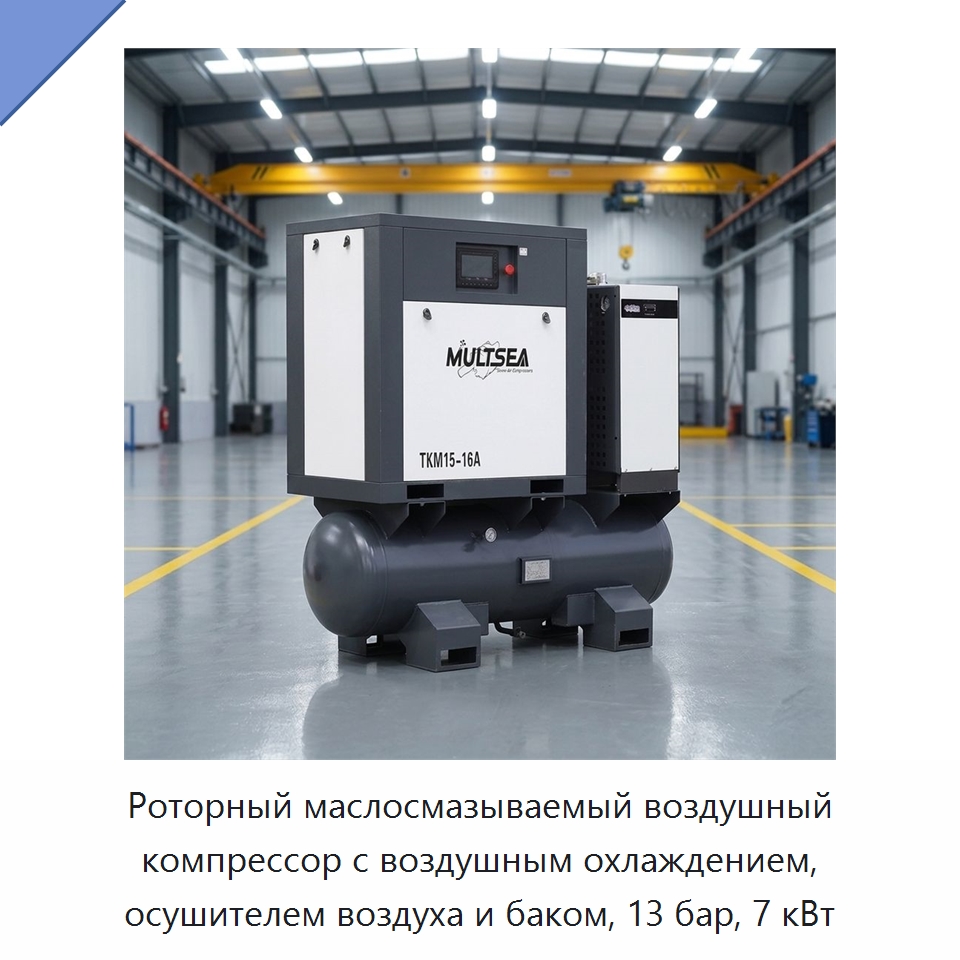 Роторный маслосмазываемый воздушный компрессор с воздушным охлаждением, осушителем воздуха и баком, 13 бар, 7 кВт — Промышленные компрессоры