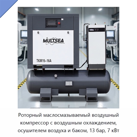 Роторный маслосмазываемый воздушный компрессор с воздушным охлаждением, осушителем воздуха и баком, 13 бар, 7 кВт