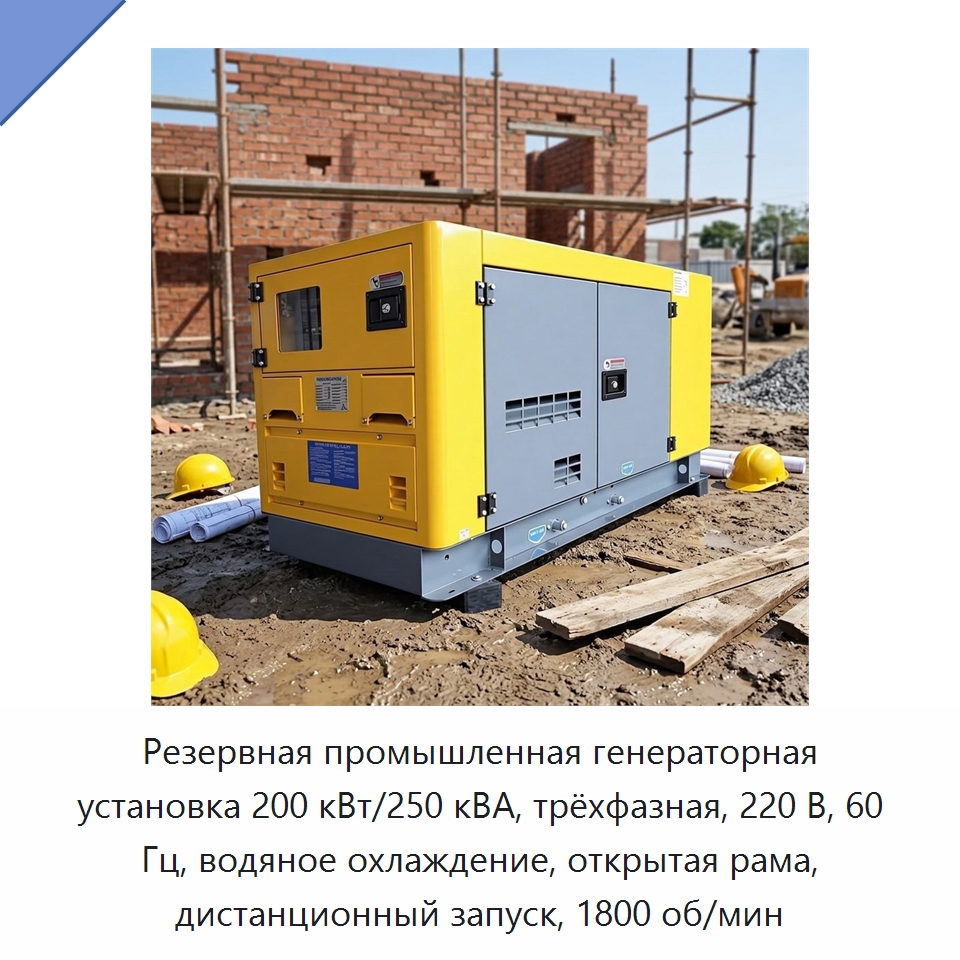 Резервная промышленная генераторная установка 200 кВт/250 кВА, трёхфазная, 220 В, 60 Гц, водяное охлаждение, открытая рама, дистанционный запуск, 1800 об/мин — Дизельные генераторы