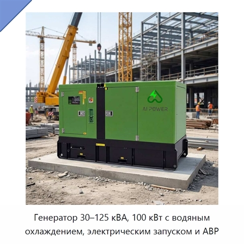 Генератор 30–125 кВА, 100 кВт с водяным охлаждением, электрическим запуском и АВР
