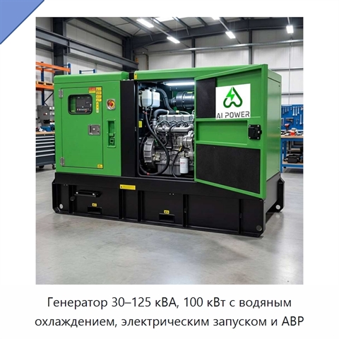 Генератор 30–125 кВА, 100 кВт с водяным охлаждением, электрическим запуском и АВР