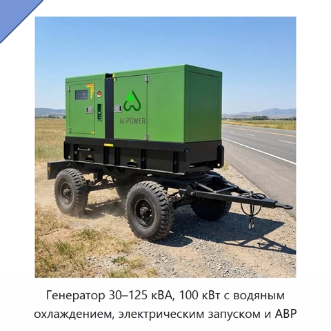 Генератор 30–125 кВА, 100 кВт с водяным охлаждением, электрическим запуском и АВР