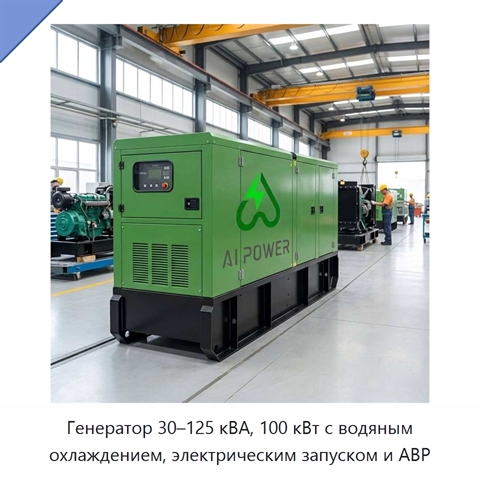 Генератор 30–125 кВА, 100 кВт с водяным охлаждением, электрическим запуском и АВР