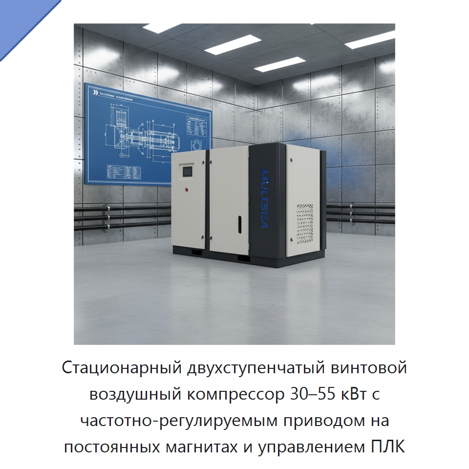 Стационарный двухступенчатый винтовой воздушный компрессор 30–55 кВт с частотно-регулируемым приводом на постоянных магнитах и управлением ПЛК — Промышленные компрессоры