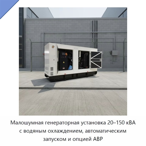 Малошумная генераторная установка 20–150 кВА с водяным охлаждением, автоматическим запуском и опцией АВР
