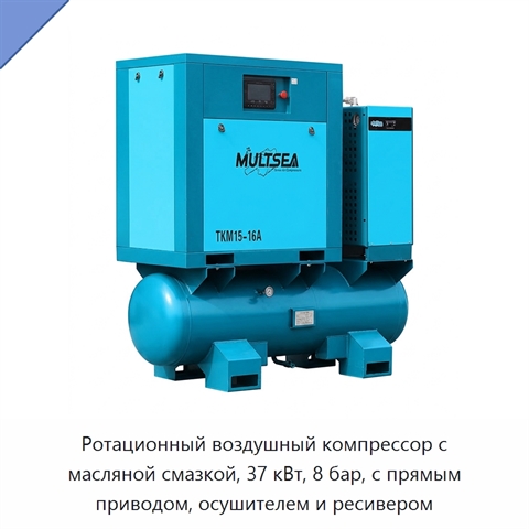 Ротационный воздушный компрессор с масляной смазкой, 37 кВт, 8 бар, с прямым приводом, осушителем и ресивером