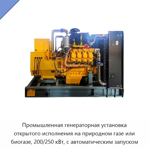 Промышленная генераторная установка открытого исполнения на природном газе или биогазе, 200/250 кВт, с автоматическим запуском