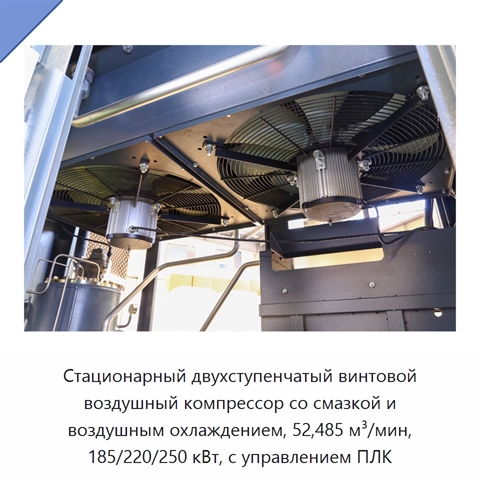 Стационарный двухступенчатый винтовой воздушный компрессор со смазкой и воздушным охлаждением, 52,485 м³/мин, 185/220/250 кВт, с управлением ПЛК