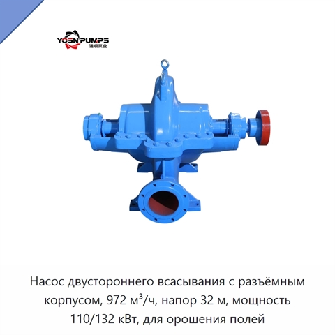 Насос двустороннего всасывания с разъёмным корпусом, 972 м³/ч, напор 32 м, мощность 110/132 кВт, для орошения полей