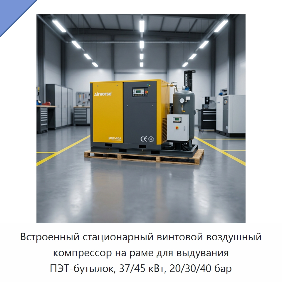 Встроенный стационарный винтовой воздушный компрессор на раме для выдувания ПЭТ-бутылок, 37/45 кВт, 20/30/40 бар — Промышленные компрессоры