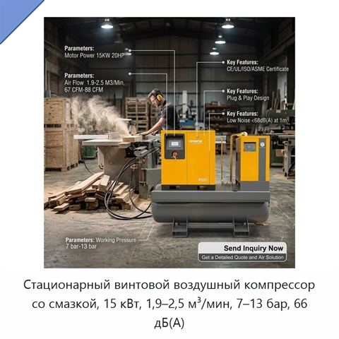 Стационарный винтовой воздушный компрессор со смазкой, 15 кВт, 1,9–2,5 м³/мин, 7–13 бар, 66 дБ(А)