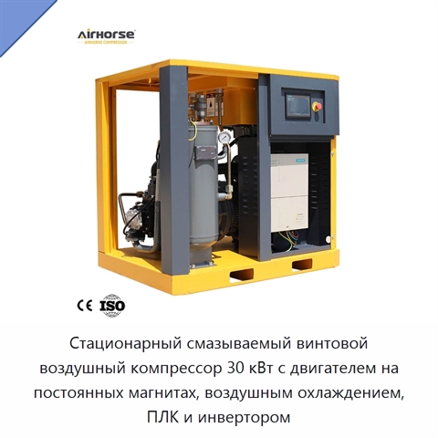 Стационарный смазываемый винтовой воздушный компрессор 30 кВт с двигателем на постоянных магнитах, воздушным охлаждением, ПЛК и инвертором