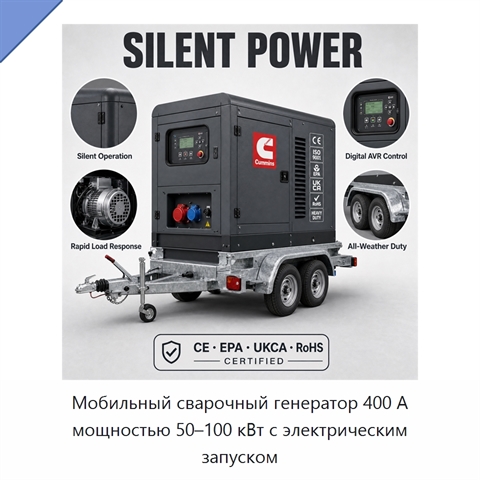 Мобильный сварочный генератор 400 А мощностью 50–100 кВт с электрическим запуском