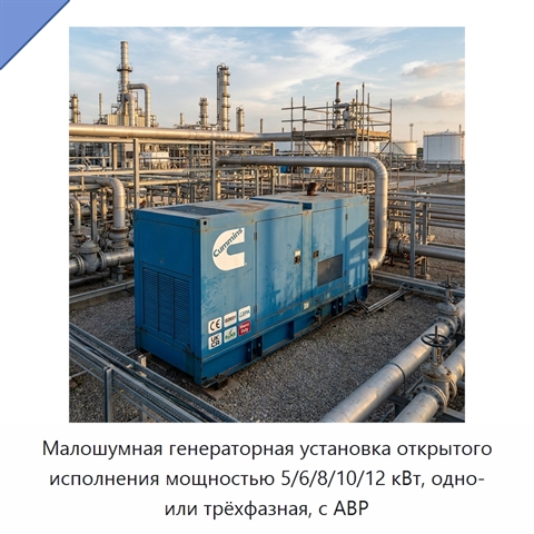 Малошумная генераторная установка открытого исполнения мощностью 5/6/8/10/12 кВт, одно- или трёхфазная, с АВР