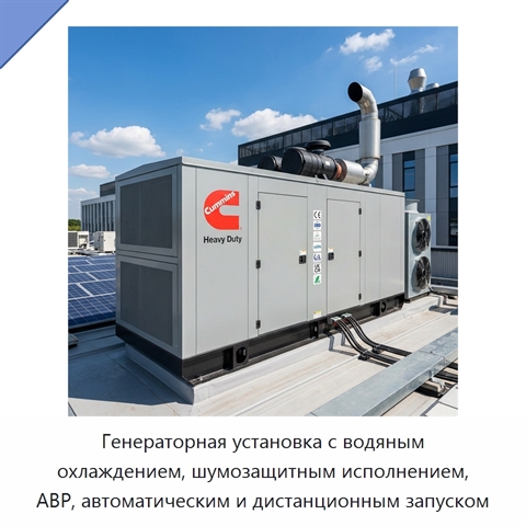 Генераторная установка с водяным охлаждением, шумозащитным исполнением, АВР, автоматическим и дистанционным запуском