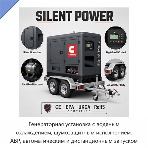 Генераторная установка с водяным охлаждением, шумозащитным исполнением, АВР, автоматическим и дистанционным запуском
