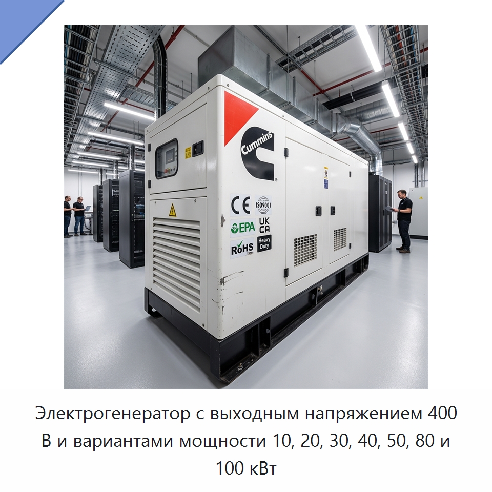 Электрогенератор с выходным напряжением 400 В и вариантами мощности 10, 20, 30, 40, 50, 80 и 100 кВт — Генерация электроэнергии