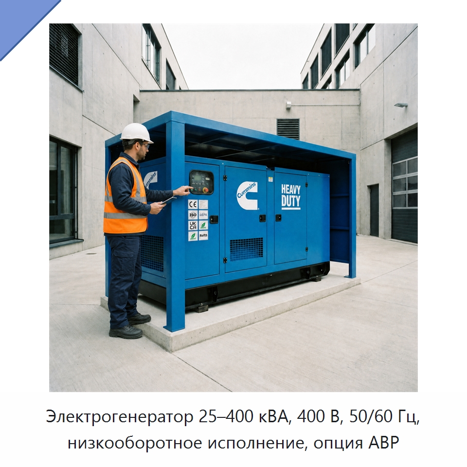 Электрогенератор 25–400 кВА, 400 В, 50/60 Гц, низкооборотное исполнение, опция АВР — Генерация электроэнергии