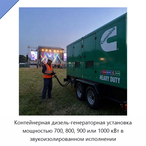 Контейнерная дизель-генераторная установка мощностью 700, 800, 900 или 1000 кВт в звукоизолированном исполнении