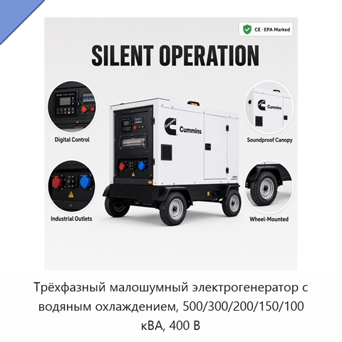 Трёхфазный малошумный электрогенератор с водяным охлаждением, 500/300/200/150/100 кВА, 400 В