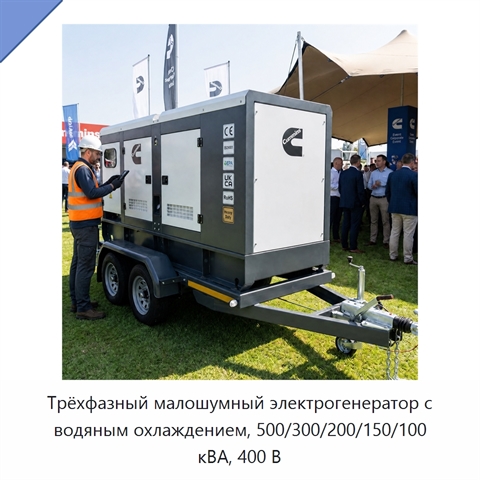 Трёхфазный малошумный электрогенератор с водяным охлаждением, 500/300/200/150/100 кВА, 400 В
