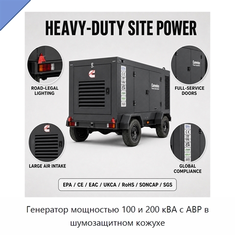 Генератор мощностью 100 и 200 кВА с АВР в шумозащитном кожухе