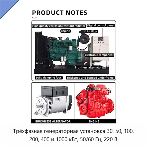 Трёхфазная генераторная установка 30, 50, 100, 200, 400 и 1000 кВт, 50/60 Гц, 220 В
