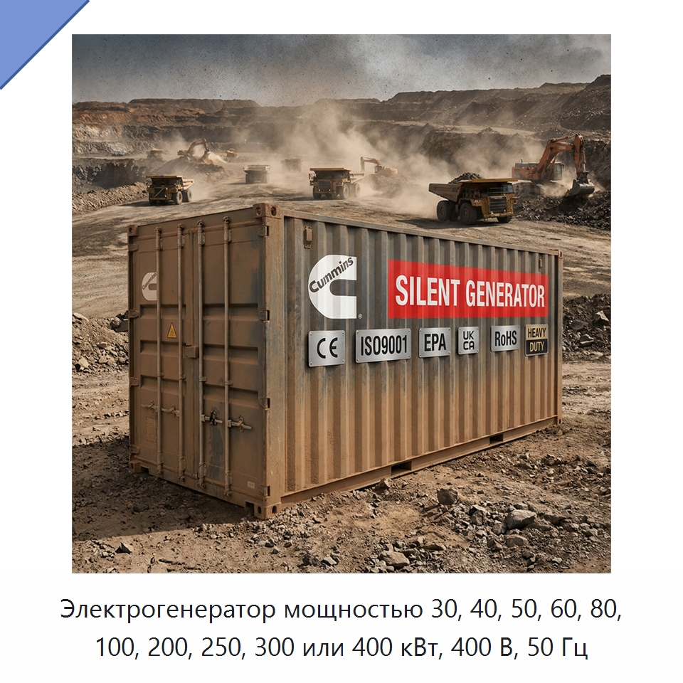 Электрогенератор мощностью 30, 40, 50, 60, 80, 100, 200, 250, 300 или 400 кВт, 400 В, 50 Гц — Генерация электроэнергии
