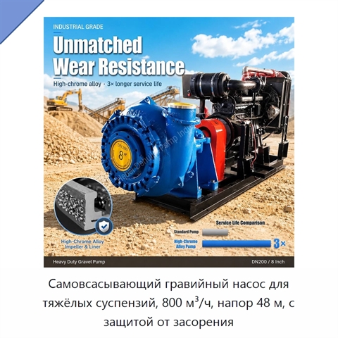 Самовсасывающий гравийный насос для тяжёлых суспензий, 800 м³/ч, напор 48 м, с защитой от засорения