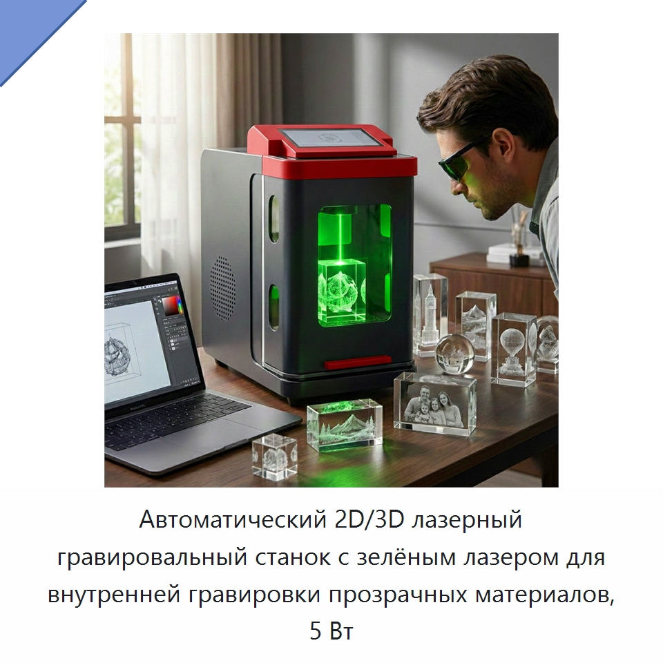 Автоматический 2D/3D лазерный гравировальный станок с зелёным лазером для внутренней гравировки прозрачных материалов, 5 Вт — Лазерные маркировочные станки