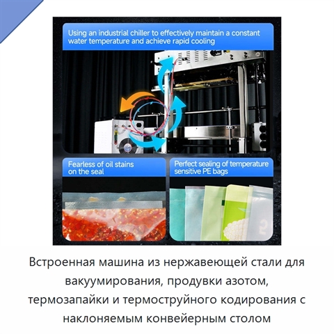 Встроенная машина из нержавеющей стали для вакуумирования, продувки азотом, термозапайки и термоструйного кодирования с наклоняемым конвейерным столом