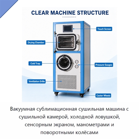 Вакуумная сублимационная сушильная машина с сушильной камерой, холодной ловушкой, сенсорным экраном, манометрами и поворотными колёсами