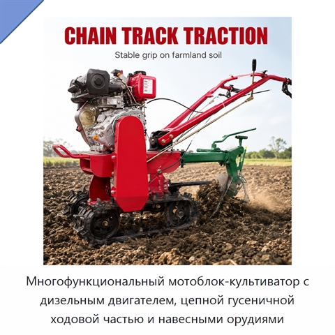 Многофункциональный мотоблок-культиватор с дизельным двигателем, цепной гусеничной ходовой частью и навесными орудиями