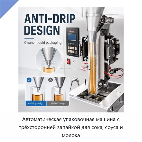 Автоматическая упаковочная машина с трёхсторонней запайкой для сока, соуса и молока