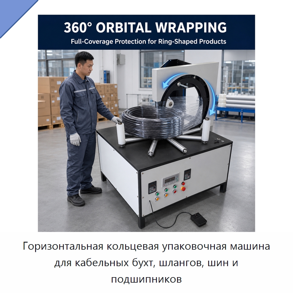 Горизонтальная кольцевая упаковочная машина для кабельных бухт, шлангов, шин и подшипников — Оберточные машины