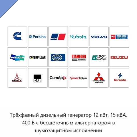 Трёхфазный дизельный генератор 12 кВт, 15 кВА, 400 В с бесщёточным альтернатором в шумозащитном исполнении