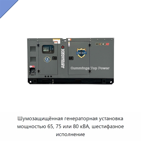 Шумозащищённая генераторная установка мощностью 65, 75 или 80 кВА, шестифазное исполнение