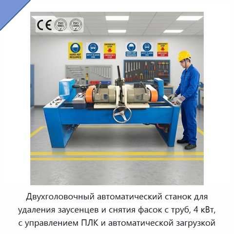 Двухголовочный автоматический станок для удаления заусенцев и снятия фасок с труб, 4 кВт, с управлением ПЛК и автоматической загрузкой