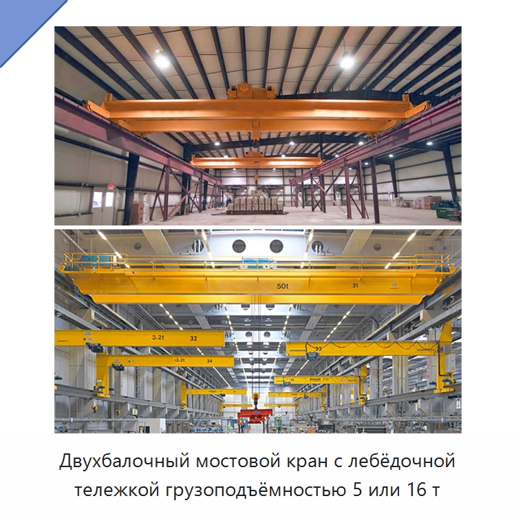 Двухбалочный мостовой кран с лебёдочной тележкой грузоподъёмностью 5 или 16 т — Краны