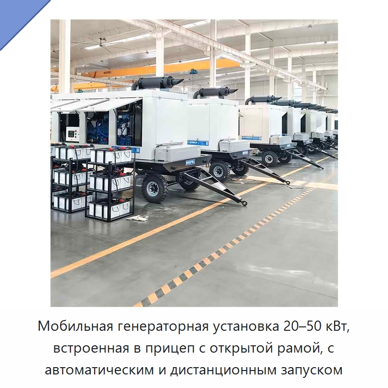 Мобильная генераторная установка 20–50 кВт, встроенная в прицеп с открытой рамой, с автоматическим и дистанционным запуском — Дизельные генераторы