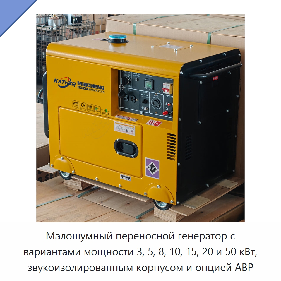Малошумный переносной генератор с вариантами мощности 3, 5, 8, 10, 15, 20 и 50 кВт, звукоизолированным корпусом и опцией АВР — Дизельные генераторы